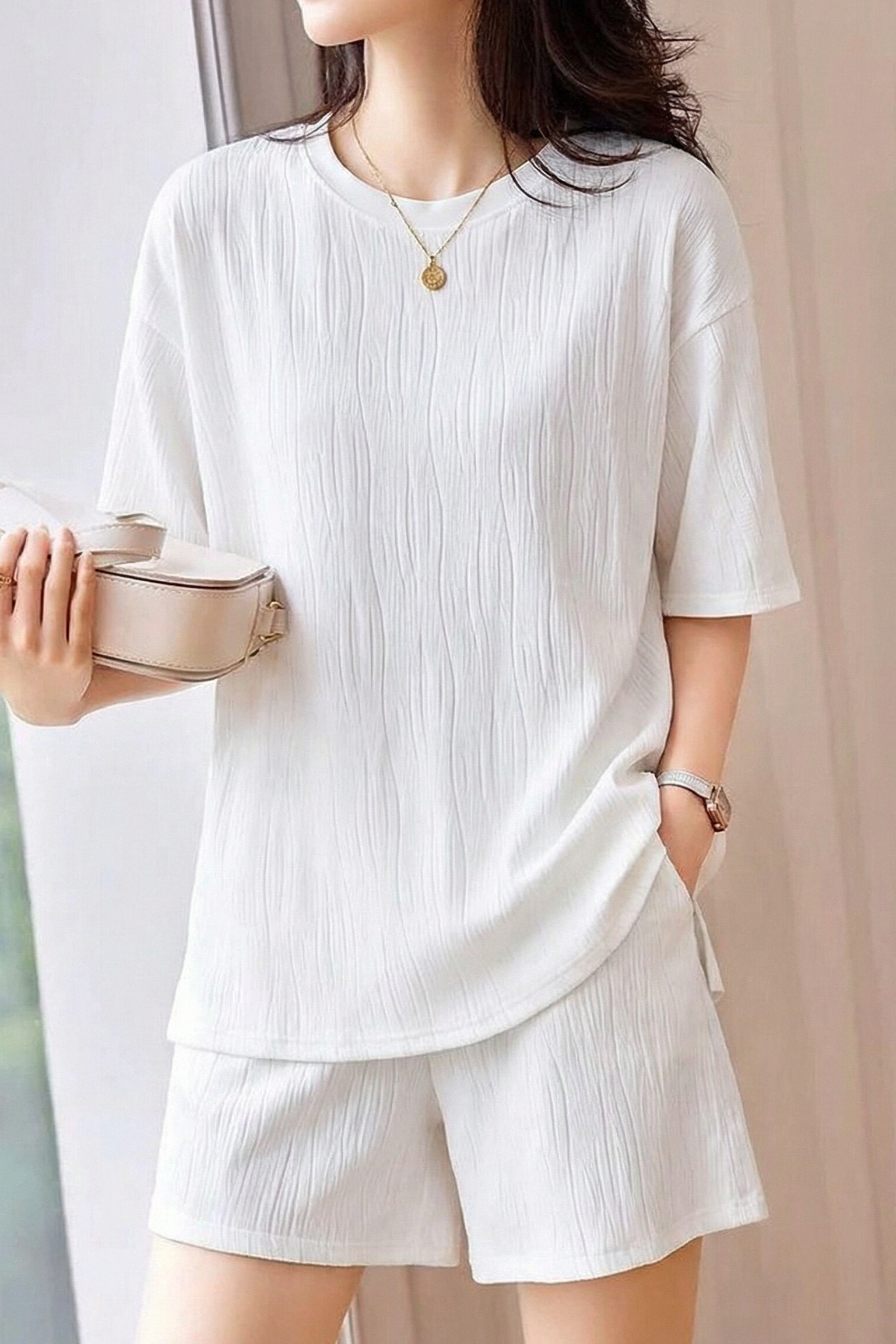 Casual Minimalist Water Ripple Short-Sleeve Shorts Set - liwisi