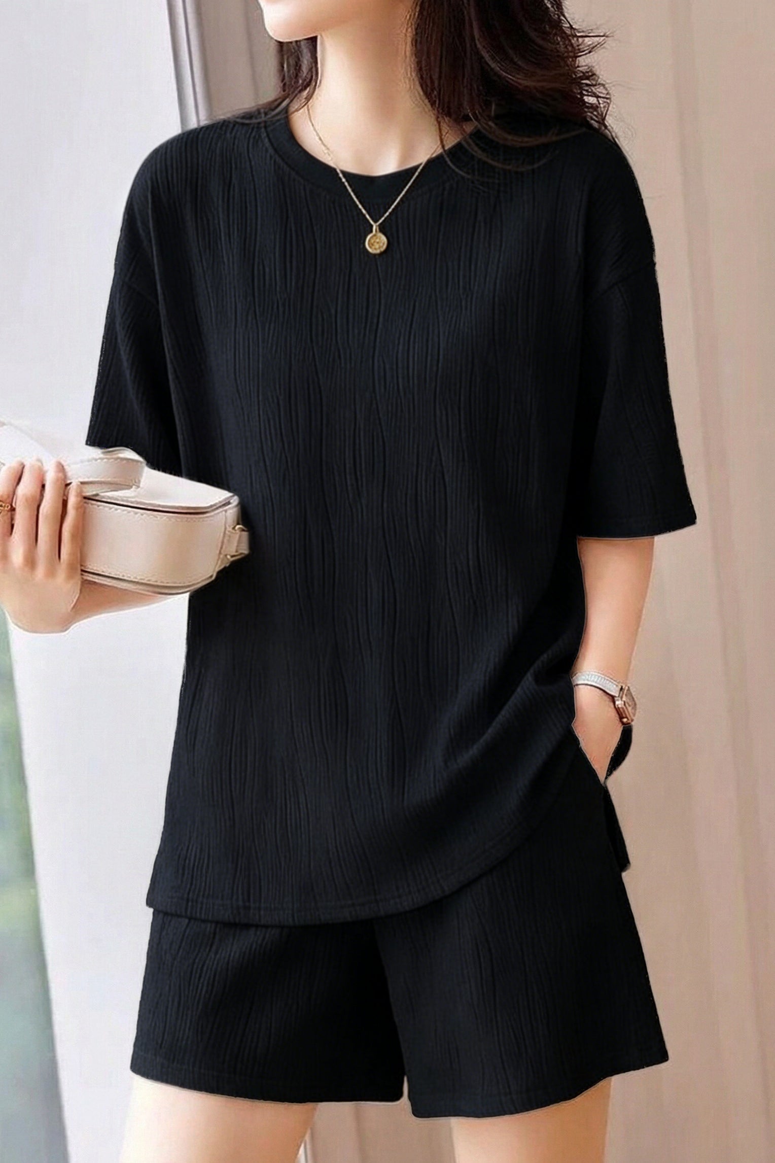 Casual Minimalist Water Ripple Short-Sleeve Shorts Set - liwisi