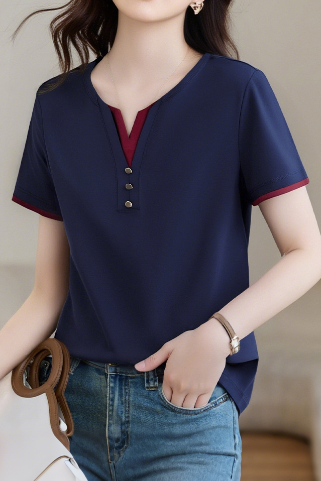 Casual V-Neck Fake Two-Piece T-Shirt - liwisi