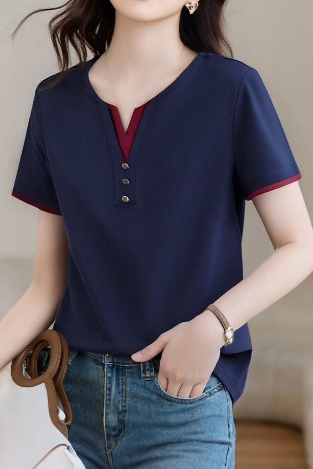 Casual V-Neck Fake Two-Piece T-Shirt - liwisi