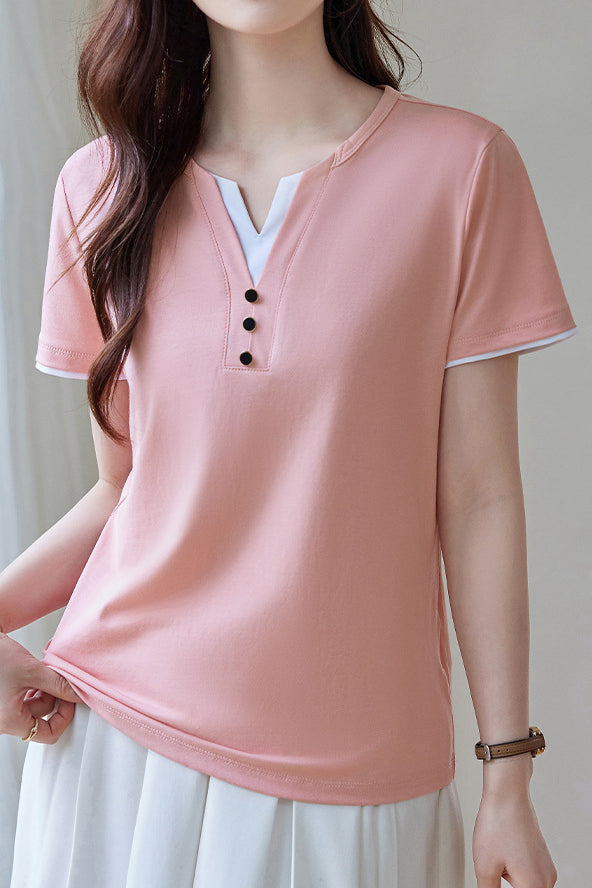 Casual V-Neck Fake Two-Piece T-Shirt - liwisi