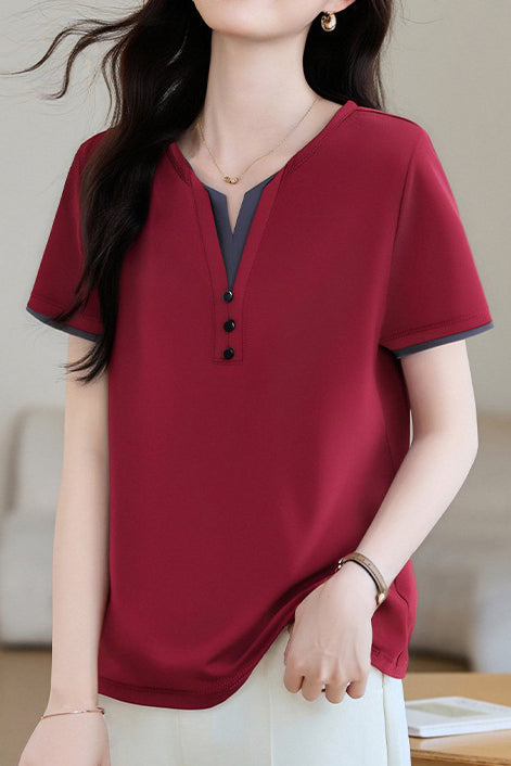 Casual V-Neck Fake Two-Piece T-Shirt - liwisi