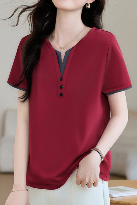 Casual V-Neck Fake Two-Piece T-Shirt - liwisi
