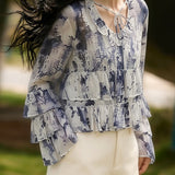 Casual Print Tie-Dye Ruffle Mesh Top