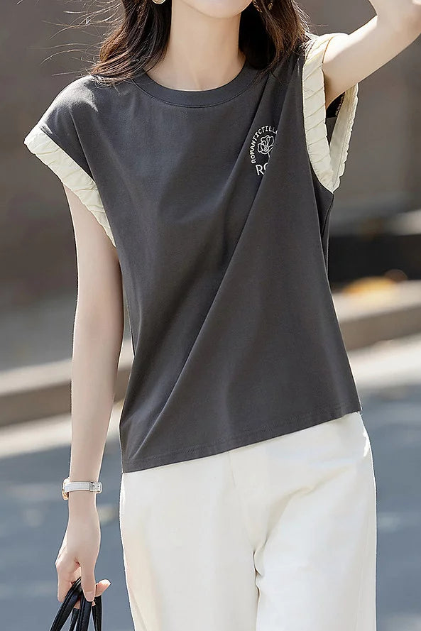Casual Crew Neck Embroidered Color Block T-Shirt - liwisi