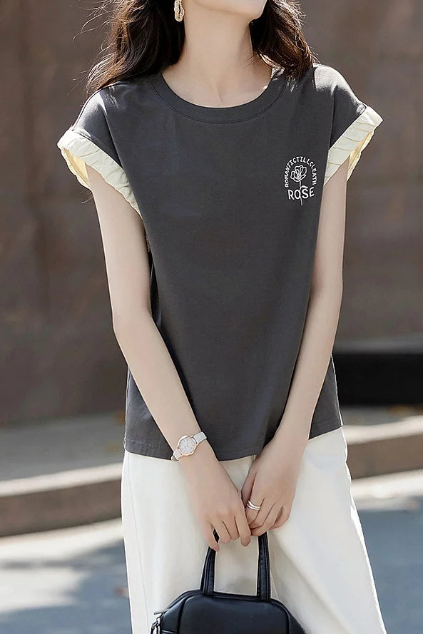 Casual Crew Neck Embroidered Color Block T-Shirt - liwisi