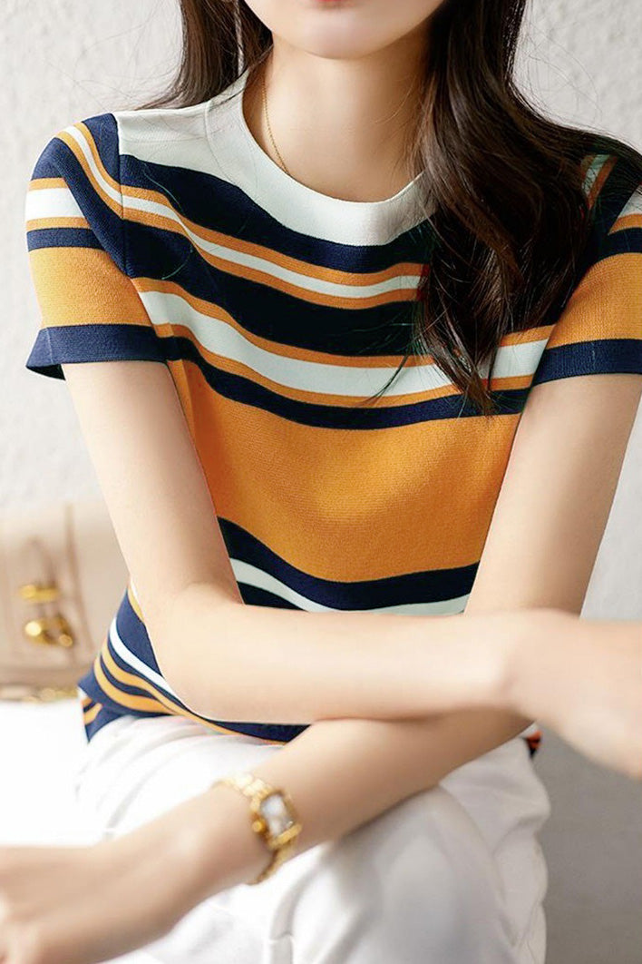 Casual Color Block Striped Short Sleeve Knit Sweater - liwisi