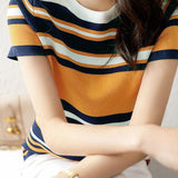 Casual Color Block Striped Short Sleeve Knit Sweater - liwisi
