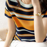 Casual Color Block Striped Short Sleeve Knit Sweater - liwisi