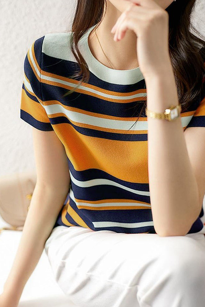 Casual Color Block Striped Short Sleeve Knit Sweater - liwisi