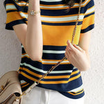 Casual Color Block Striped Short Sleeve Knit Sweater - liwisi