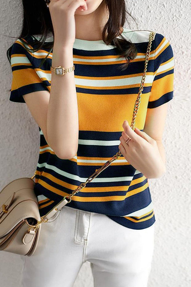 Casual Color Block Striped Short Sleeve Knit Sweater - liwisi