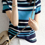 Casual Color Block Striped Short Sleeve Knit Sweater - liwisi