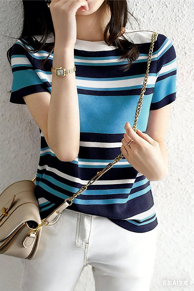 Casual Color Block Striped Short Sleeve Knit Sweater - liwisi