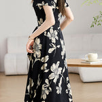 Elegant V-Neck Waist Floral Dress - liwisi