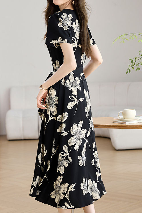 Elegant V-Neck Waist Floral Dress - liwisi