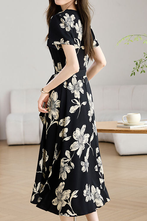 Elegant V-Neck Waist Floral Dress - liwisi