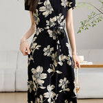 Elegant V-Neck Waist Floral Dress - liwisi