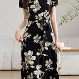 Elegant V-Neck Waist Floral Dress - liwisi