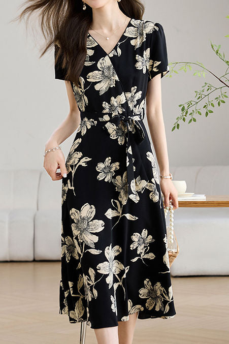 Elegant V-Neck Waist Floral Dress - liwisi