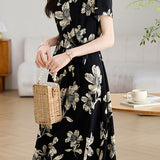 Elegant V-Neck Waist Floral Dress - liwisi