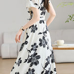 Elegant V-Neck Waist Floral Dress - liwisi