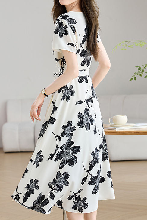 Elegant V-Neck Waist Floral Dress - liwisi