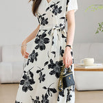 Elegant V-Neck Waist Floral Dress - liwisi