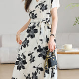 Elegant V-Neck Waist Floral Dress - liwisi