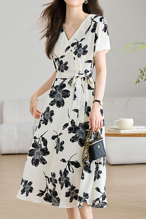 Elegant V-Neck Waist Floral Dress - liwisi