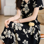 Elegant V-Neck Waist Floral Dress - liwisi