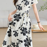 Elegant V-Neck Waist Floral Dress - liwisi