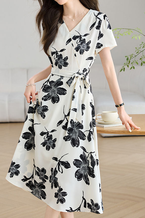 Elegant V-Neck Waist Floral Dress - liwisi