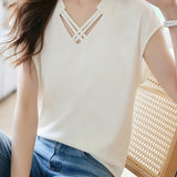 Casual Satin Cross V-Neck Short Sleeve Top - liwisi