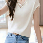 Casual Satin Cross V-Neck Short Sleeve Top - liwisi