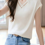Casual Satin Cross V-Neck Short Sleeve Top - liwisi
