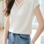 Casual Satin Cross V-Neck Short Sleeve Top - liwisi