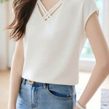 Casual Satin Cross V-Neck Short Sleeve Top - liwisi