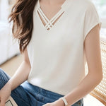 Casual Satin Cross V-Neck Short Sleeve Top - liwisi