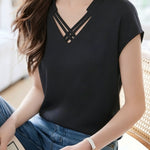 Casual Satin Cross V-Neck Short Sleeve Top - liwisi