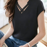 Casual Satin Cross V-Neck Short Sleeve Top - liwisi