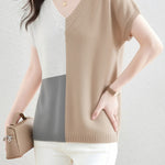 Casual V-Neck Color Block Short Sleeve Knitwear - liwisi