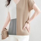 Casual V-Neck Color Block Short Sleeve Knitwear - liwisi