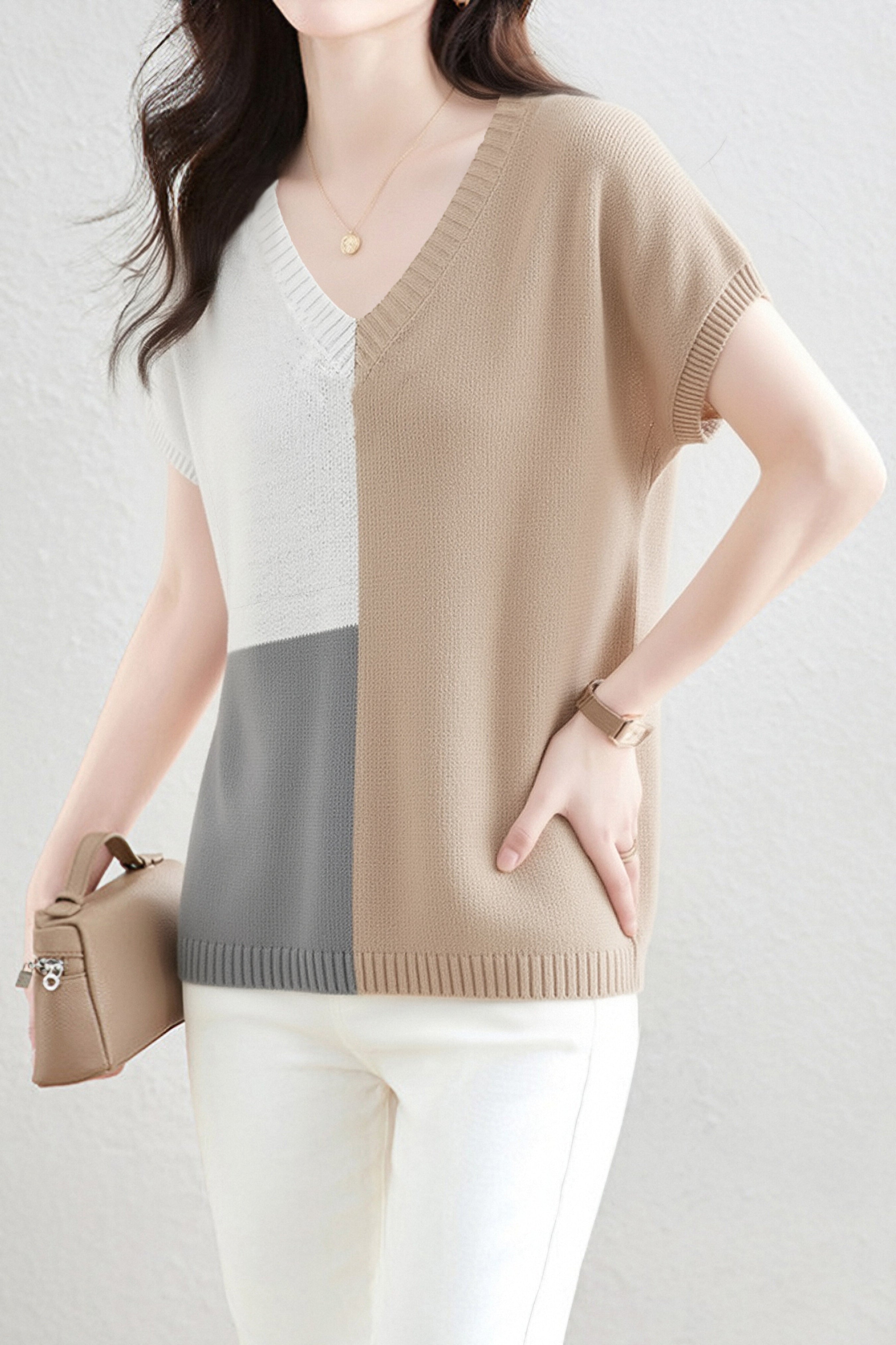 Casual V-Neck Color Block Short Sleeve Knitwear - liwisi