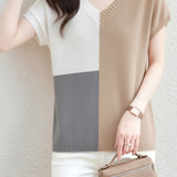 Casual V-Neck Color Block Short Sleeve Knitwear - liwisi