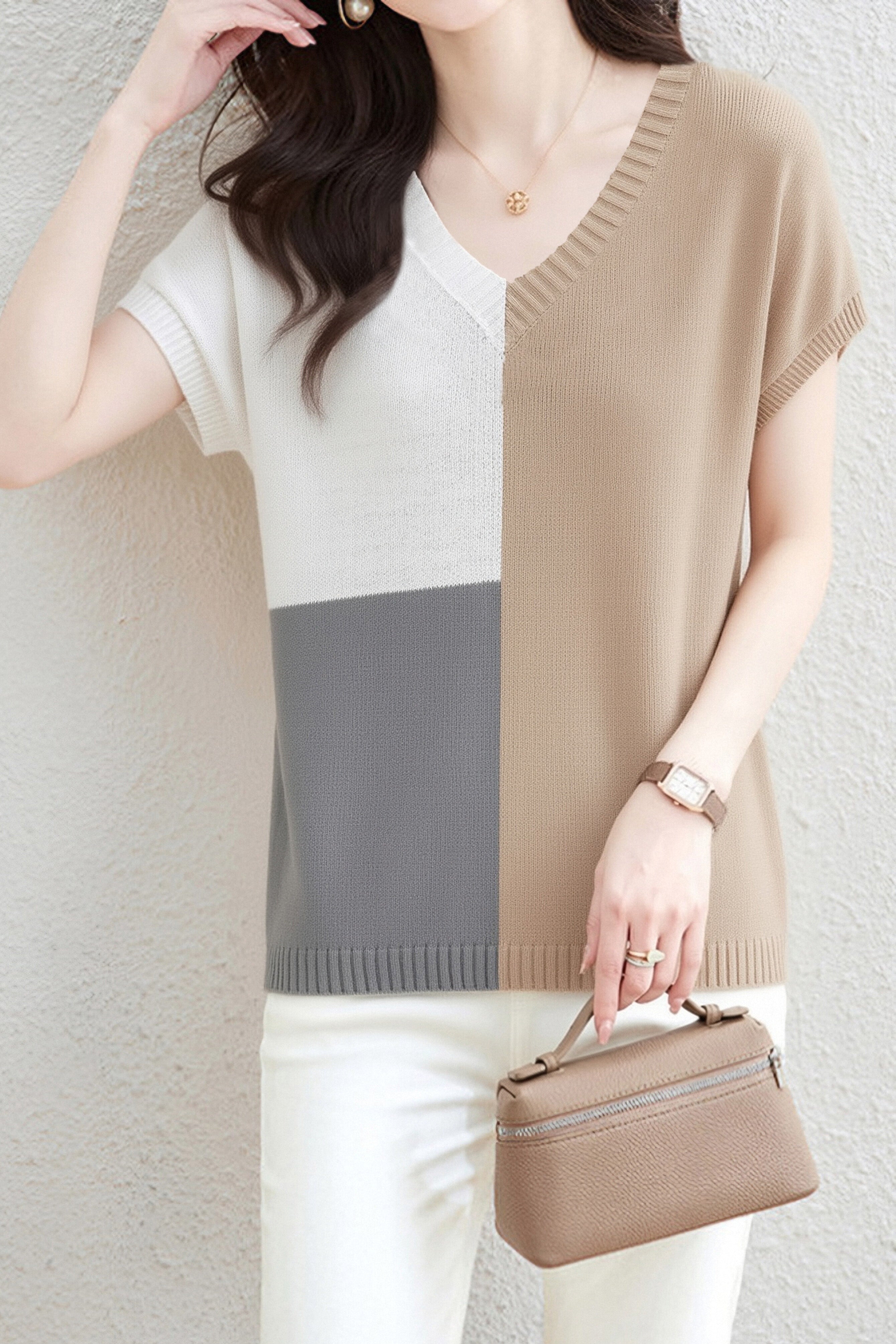 Casual V-Neck Color Block Short Sleeve Knitwear - liwisi