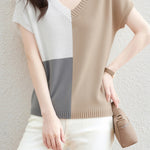 Casual V-Neck Color Block Short Sleeve Knitwear - liwisi