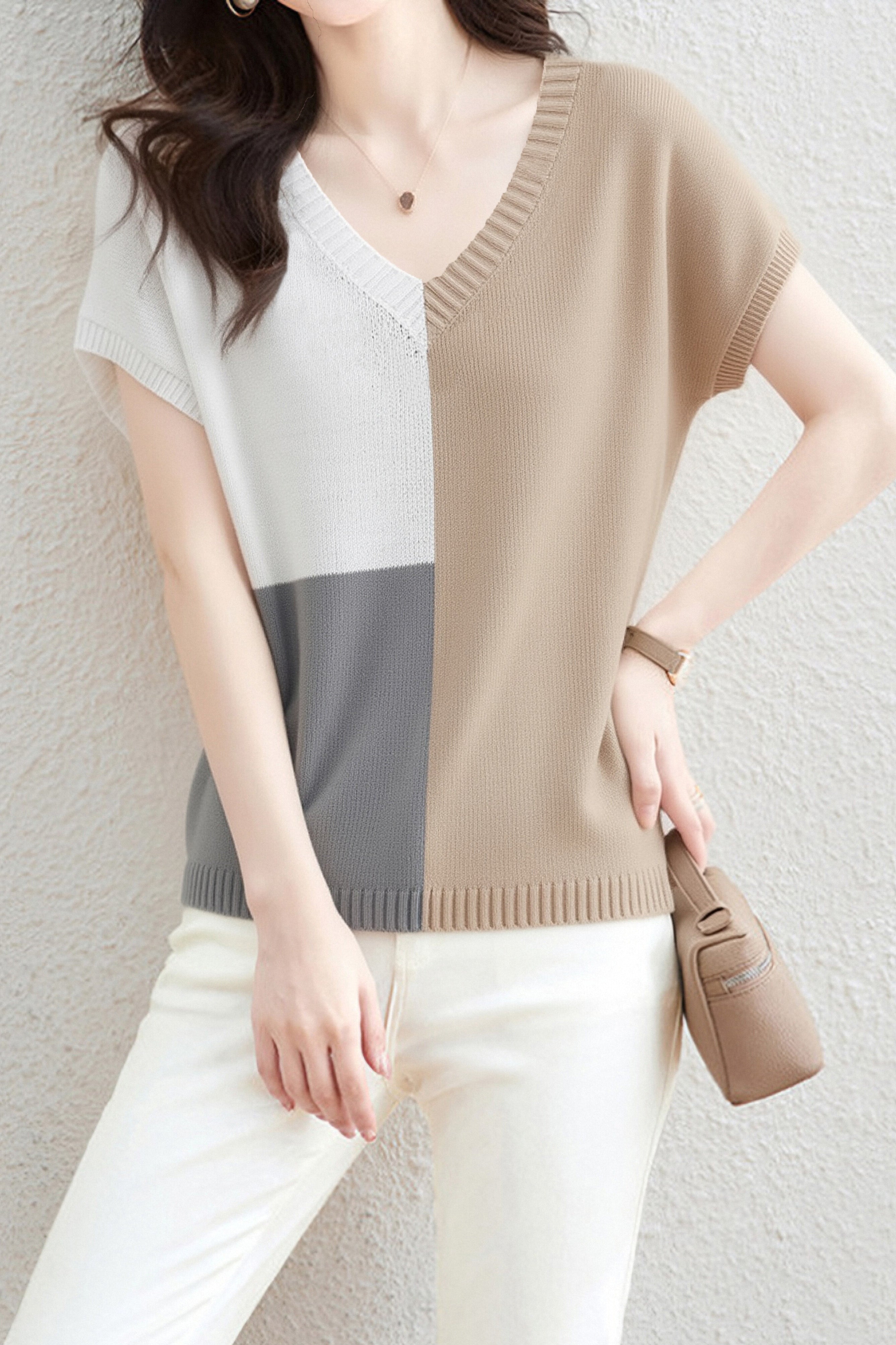 Casual V-Neck Color Block Short Sleeve Knitwear - liwisi