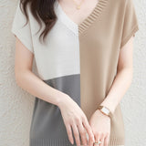 Casual V-Neck Color Block Short Sleeve Knitwear - liwisi
