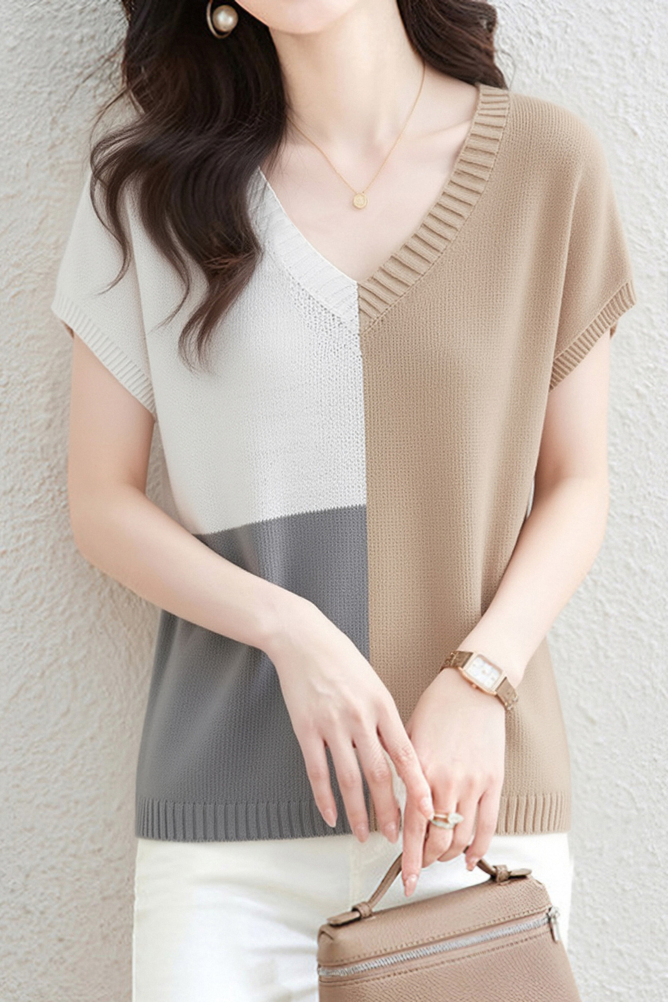 Casual V-Neck Color Block Short Sleeve Knitwear - liwisi